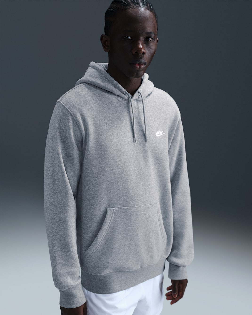Nike Club Men's Pullover Fleece Hoodie - Dark Grey Heather/Light Smoke Grey/White