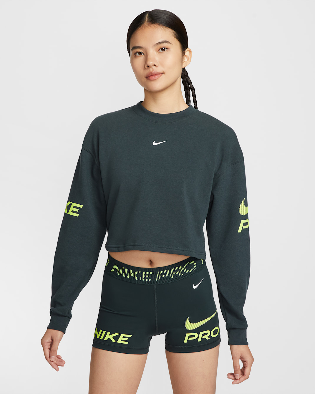 Nike Pro Women's Dri-FIT Loose Crew-Neck French Terry Sweatshirt - Seaweed/Light Lemon Twist/White