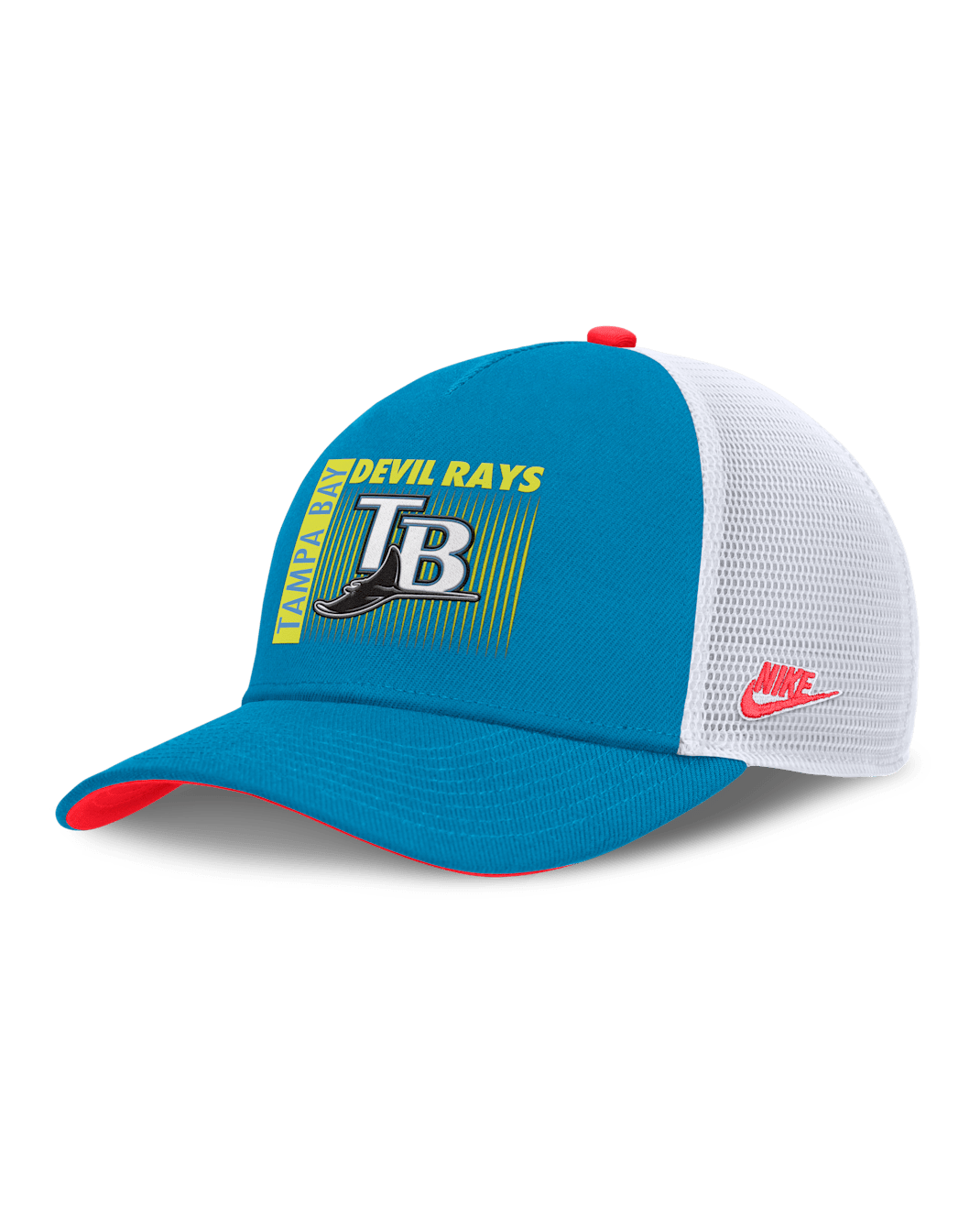 Gorra de rejilla Nike Dri-FIT de la MLB ajustable para hombre Tampa Bay Rays Neon 90s Rise - Azul