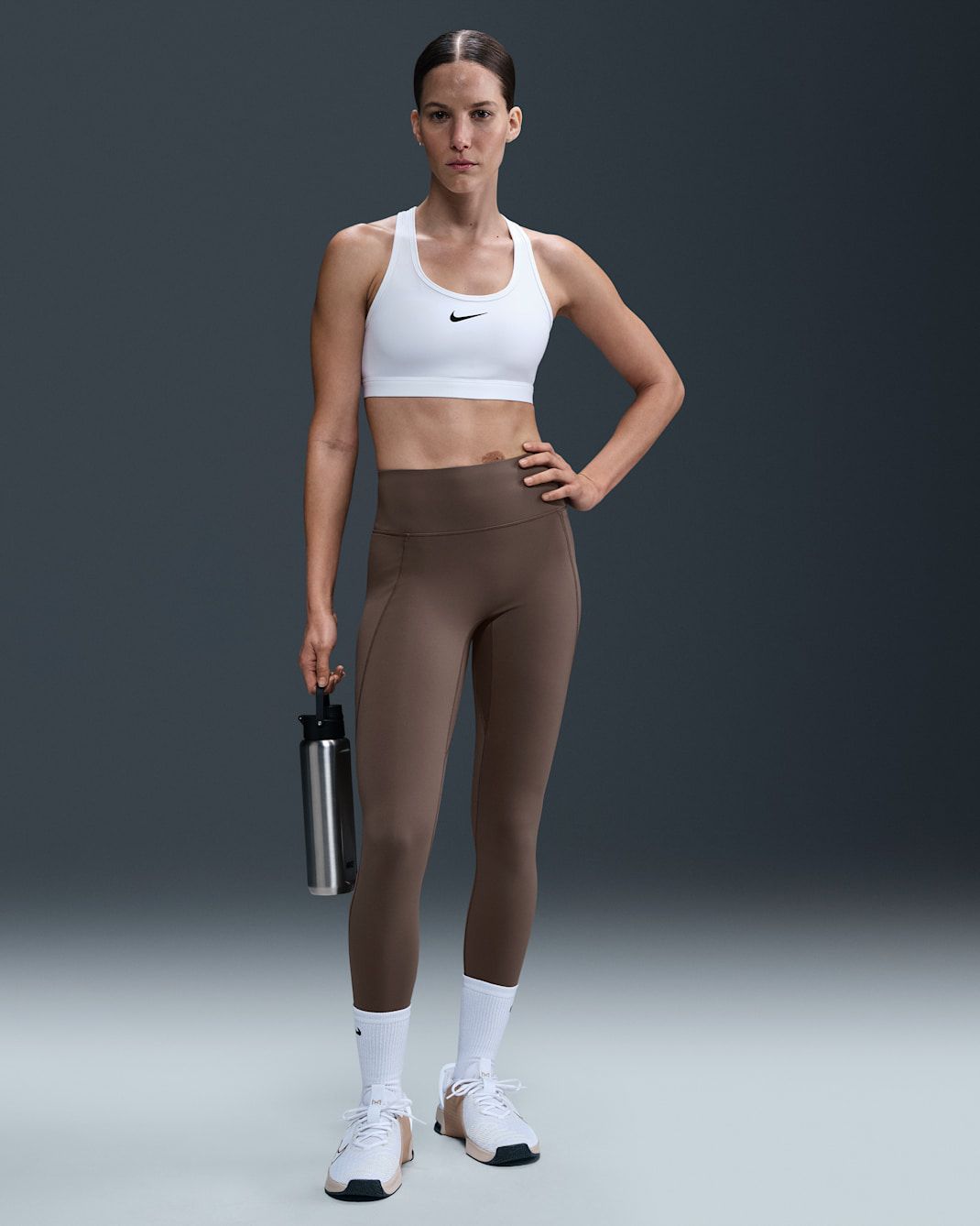 Nike Universa Women's High-Waisted Full-Length Leggings with No Front Seam - Mink Brown/Smoke Grey/Ironstone