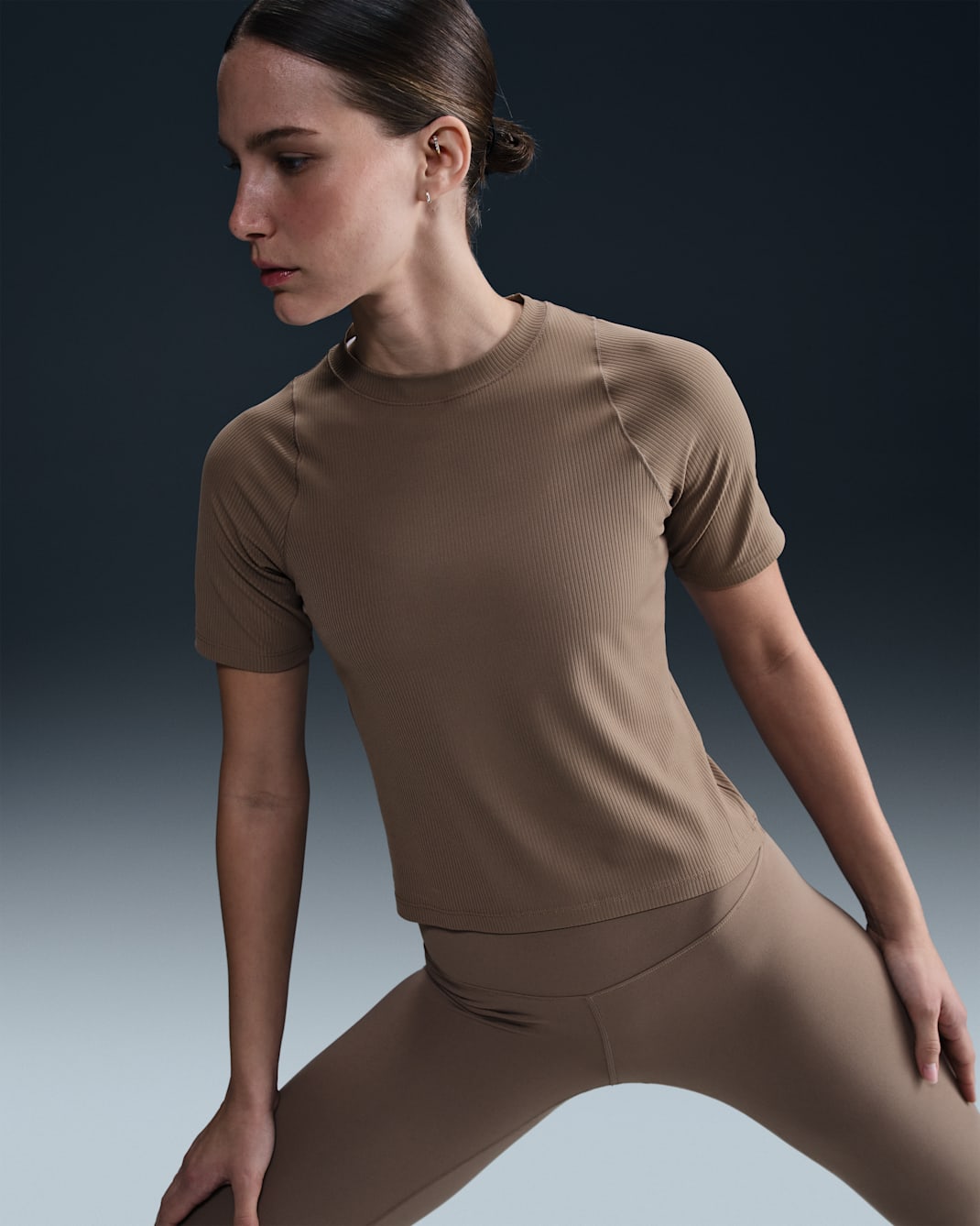 Nike Zenvy Rib Women's Dri-FIT Short-Sleeve Top - Mink Brown/White