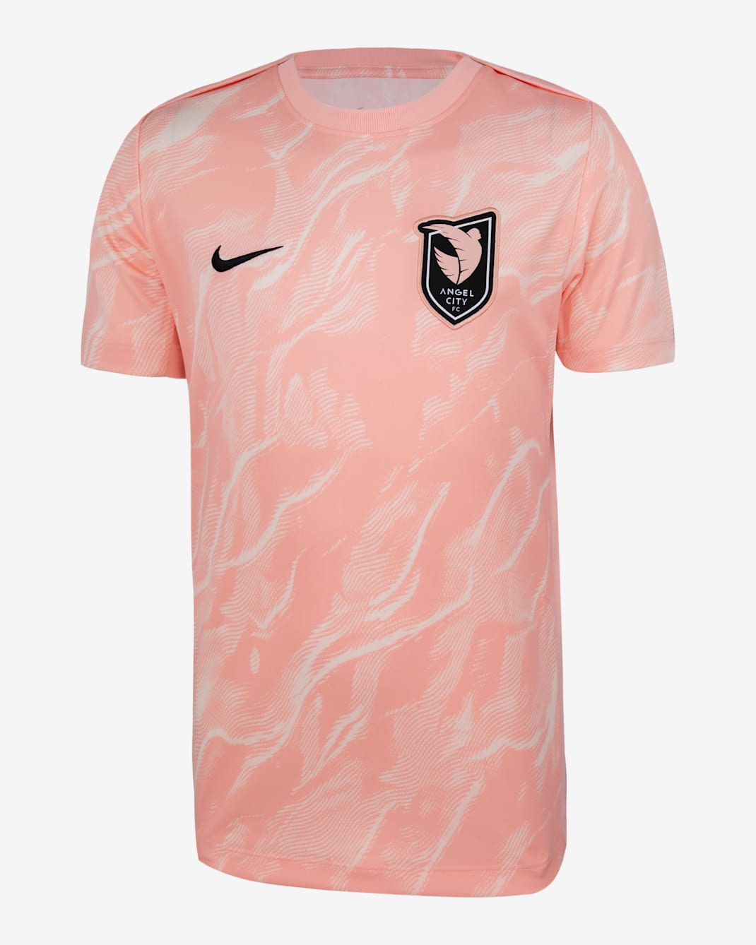 Playera de manga corta Nike de la NWSL para antes del partido para niños talla grande Angel City FC 2025 - Rosa suave claro/Coral desteñido