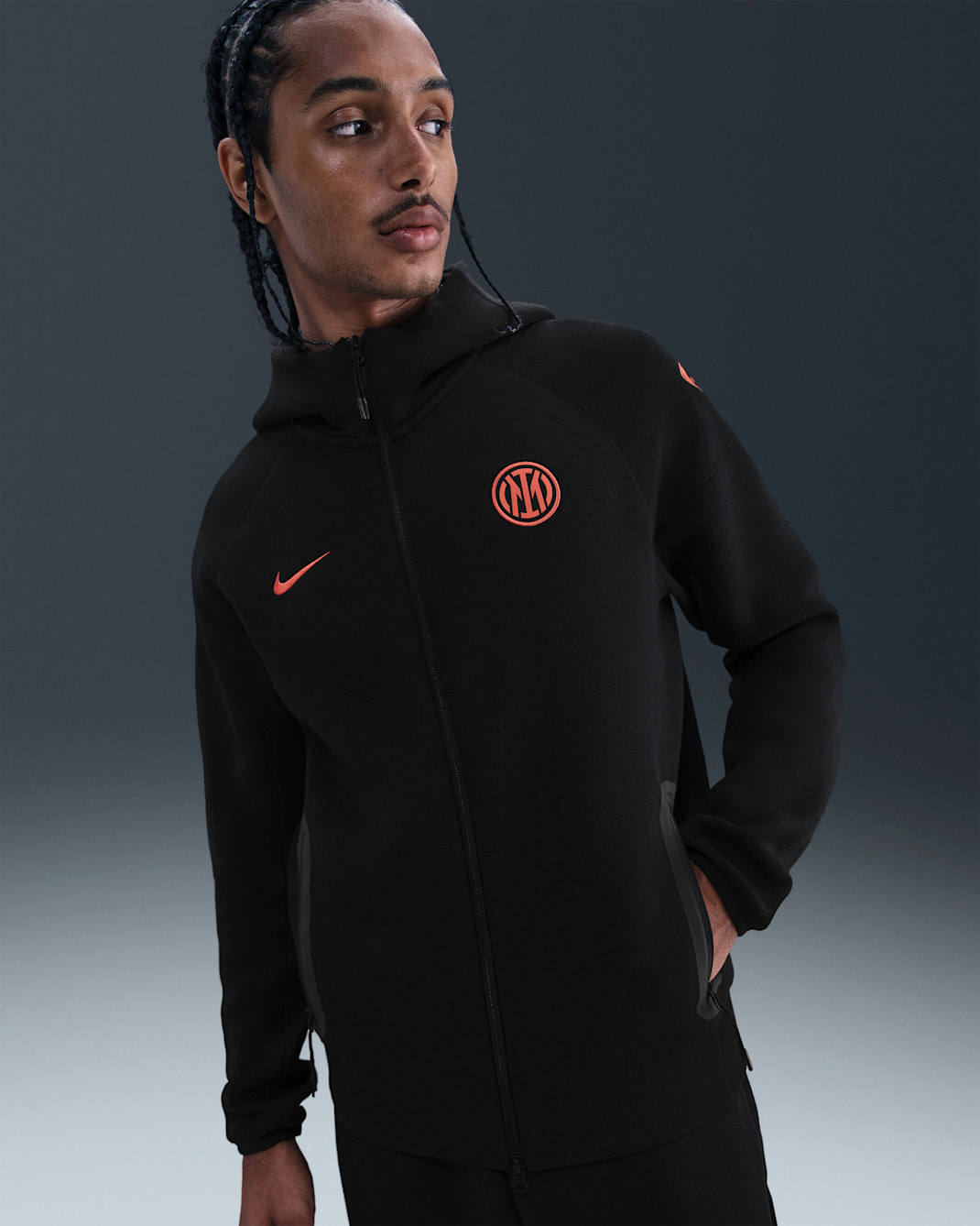 Inter Milan Tech Windrunner Men's Nike Total 90 Football Fleece Hoodie - Black/Safety Orange