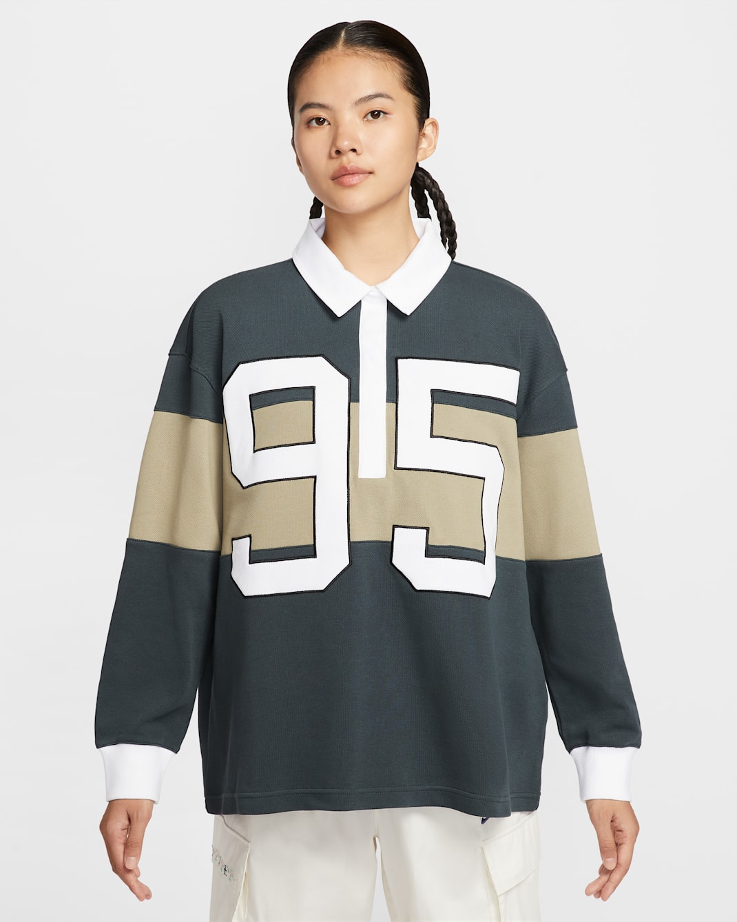 Nike Sportswear Women's Long-Sleeve Graphic Polo Top - Seaweed/Neutral Olive/White/Sail