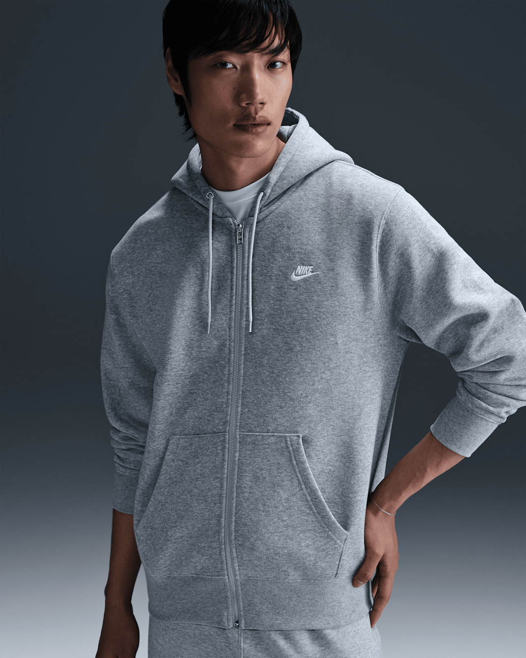 Nike Club Men's Full-Zip Fleece Hoodie - Dark Grey Heather/Light Smoke Grey/White