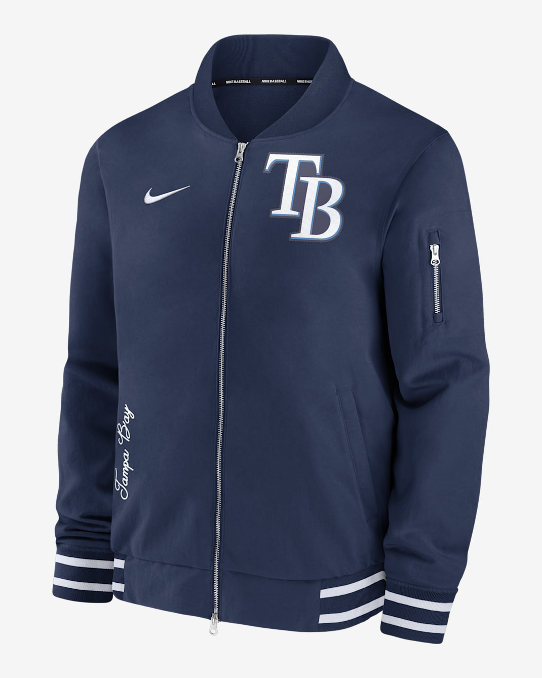 Chamarra bomber de la MLB de cierre completo Nike para hombre Tampa Bay Rays Authentic Collection - Azul marino