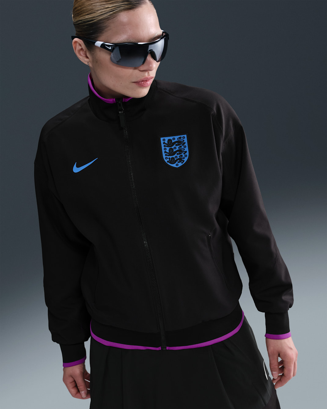 England Strike Away Women's Nike Dri-FIT Football Anthem Jacket - Black/Light Photo Blue