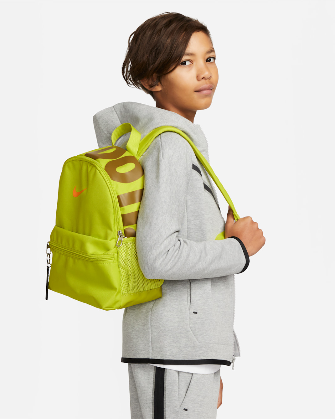 Nike Brasilia JDI Kids' Mini Backpack (11L) - Bright Cactus/Olive Flak/Vivid Orange