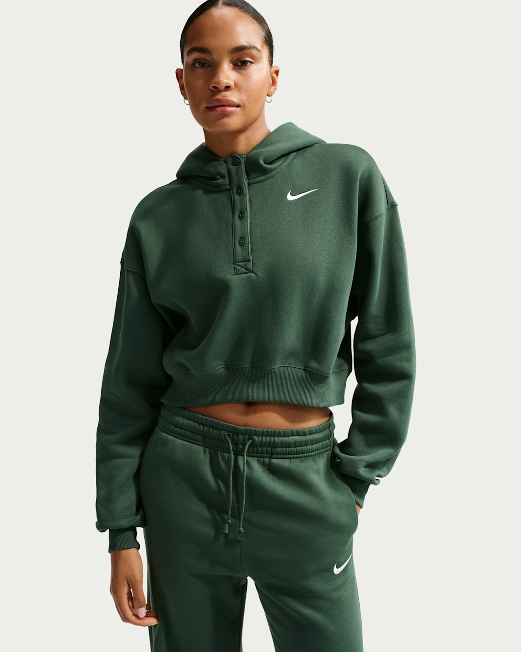 Nike Sportswear Phoenix ekstra stor Henley-hettegenser i fleece med avkortet passform til dame - Fir/Sail