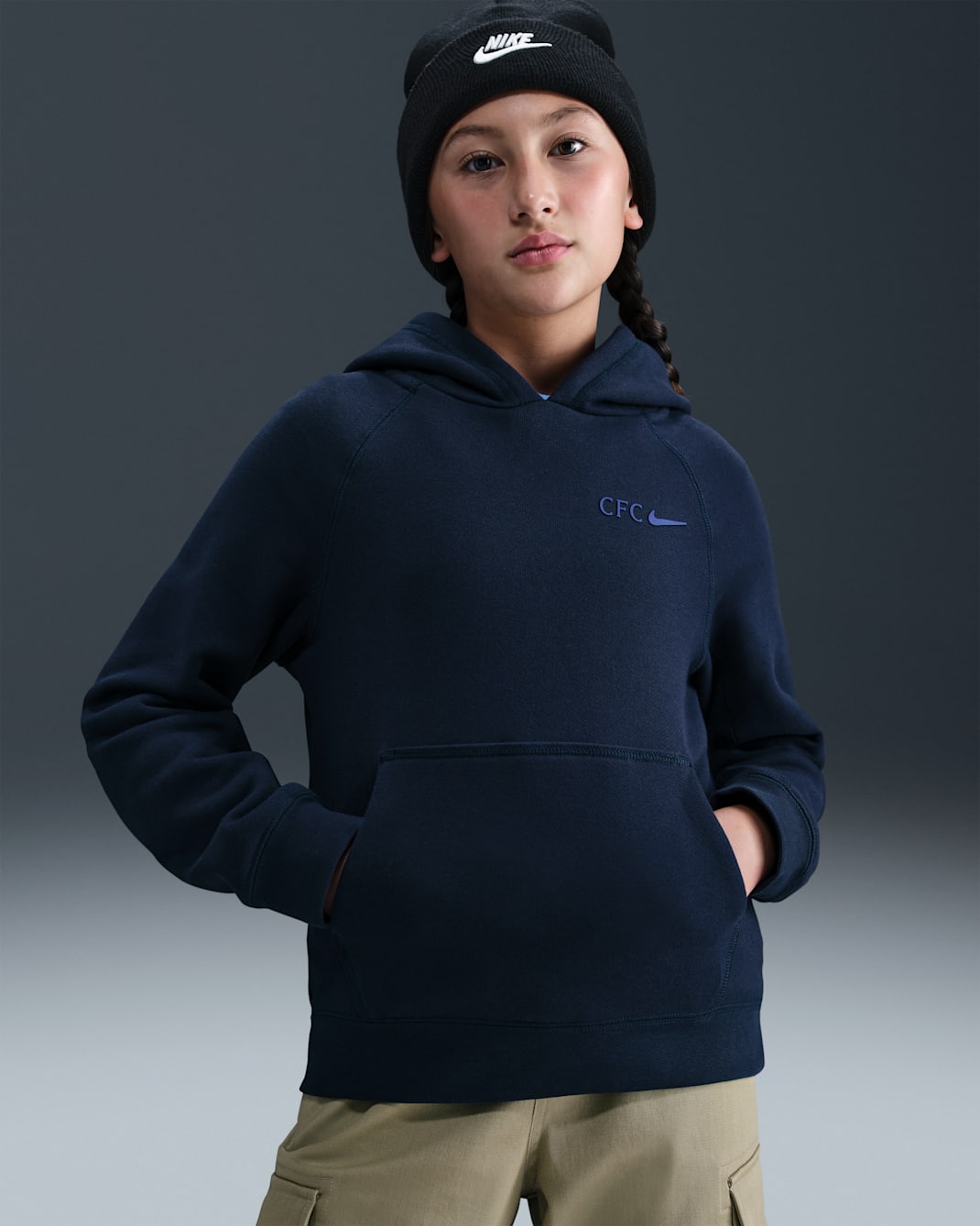 Chelsea FC Air Big Kids' Nike Soccer Pullover Hoodie - Obsidian/Rush Blue