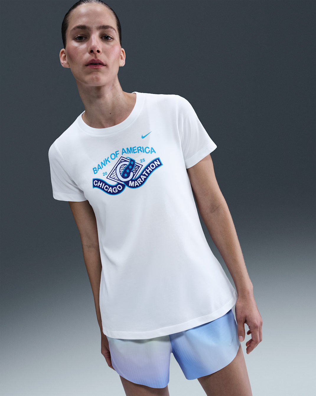 Playera de correr Dri-FIT para mujer Nike - Blanco/Azul corriente claro