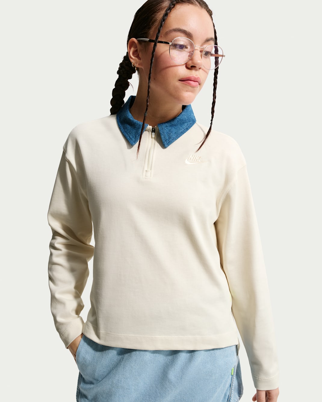 나이키 스포츠웨어 컬렉션 주니어(여아) 긴팔 폴로 탑 - 소프트 펄/미스틱 네이비/소프트 펄