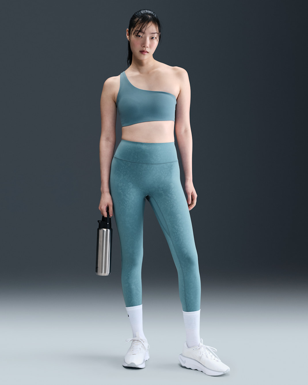 Nike Universa Women's High-Waisted 7/8 Floral Leggings with No Front Seam - Smoky Blue/Ash Green