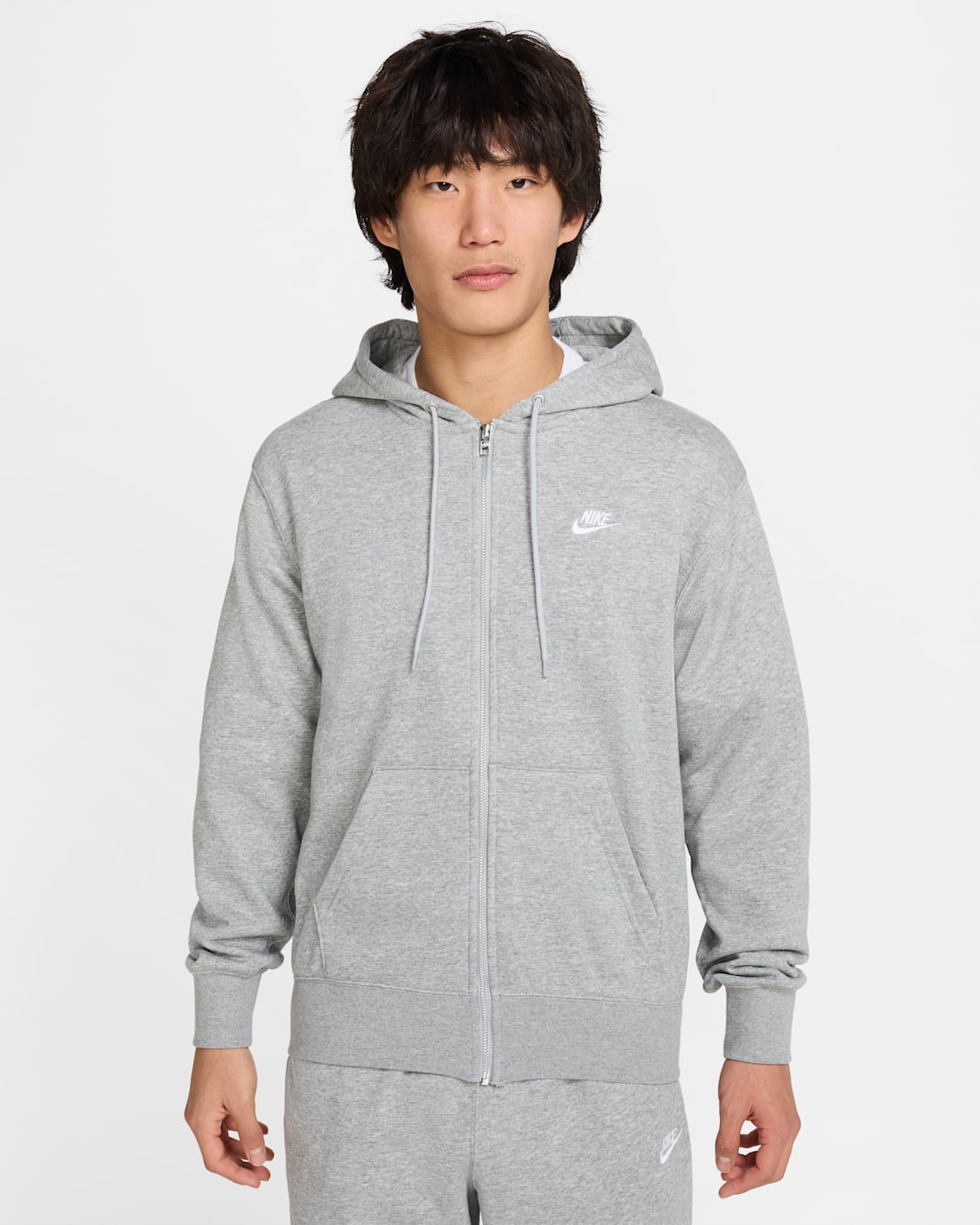 Nike Club Men's Full-Zip French Terry Hoodie - Dark Grey Heather/Light Smoke Grey/White