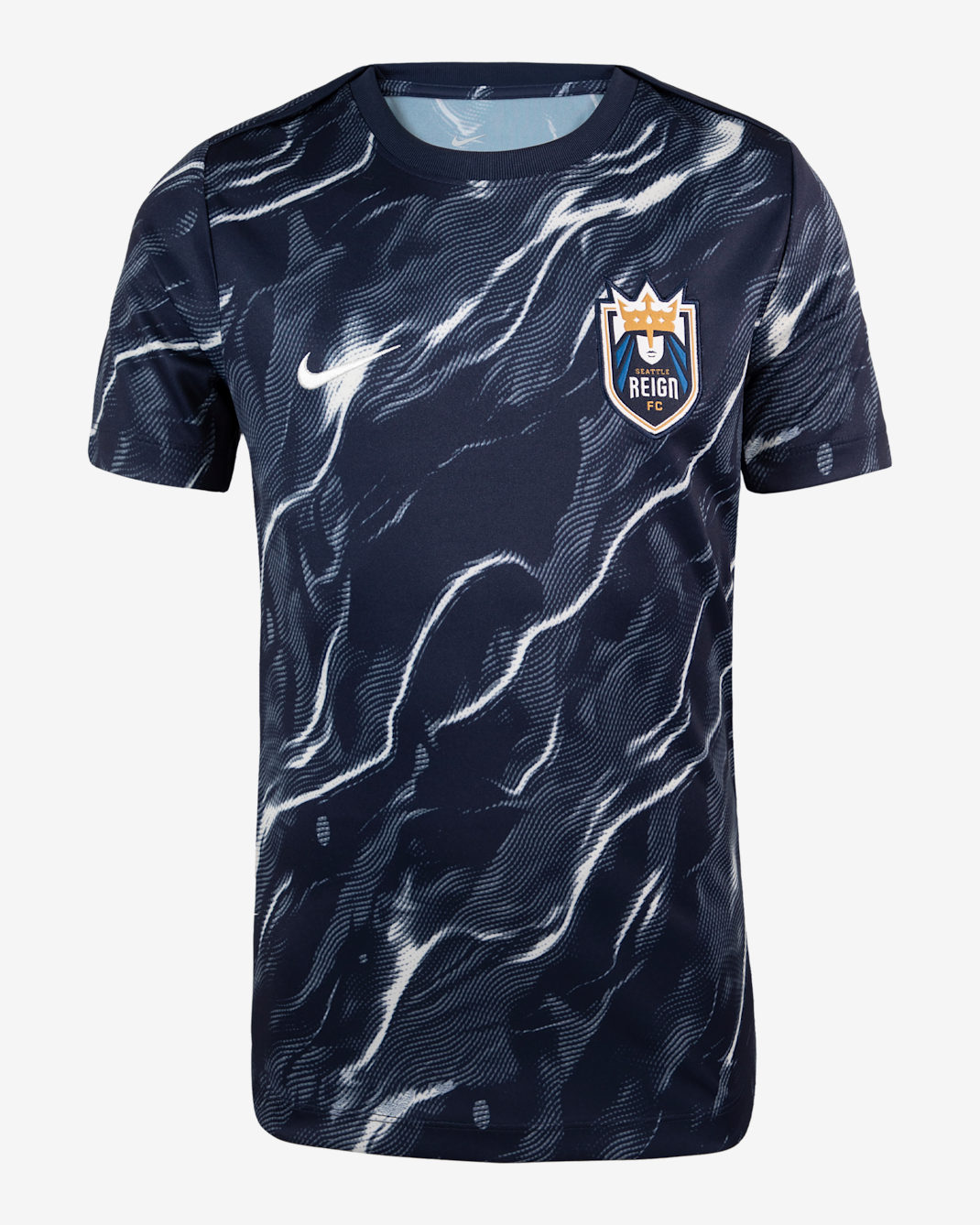 Seattle Reign 2025 Big Kids' Nike NWSL Short-Sleeve Pre-Match Top - Summit White/Blackened Blue