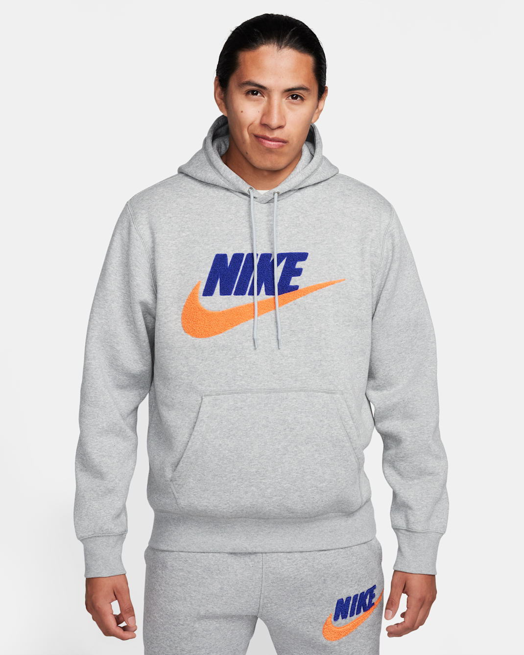 Nike Club Fleece Men's Pullover Hoodie - Dark Grey Heather/Light Smoke Grey/Safety Orange