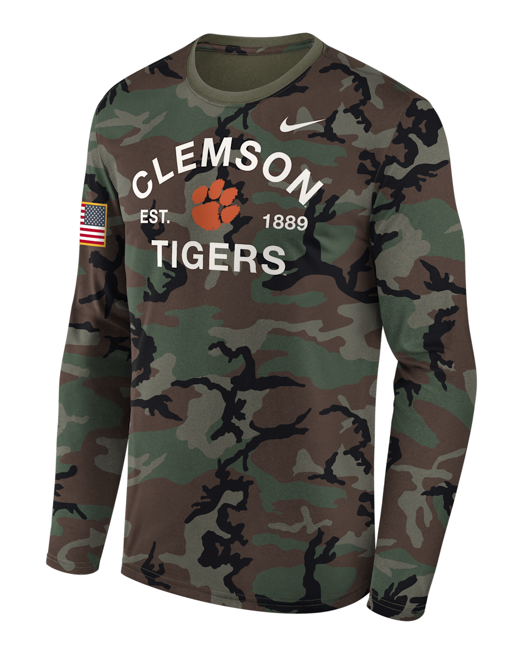 Playera de manga larga universitaria Nike Dri-FIT para hombre Clemson 2025 Military Appreciation Legend - Oliva
