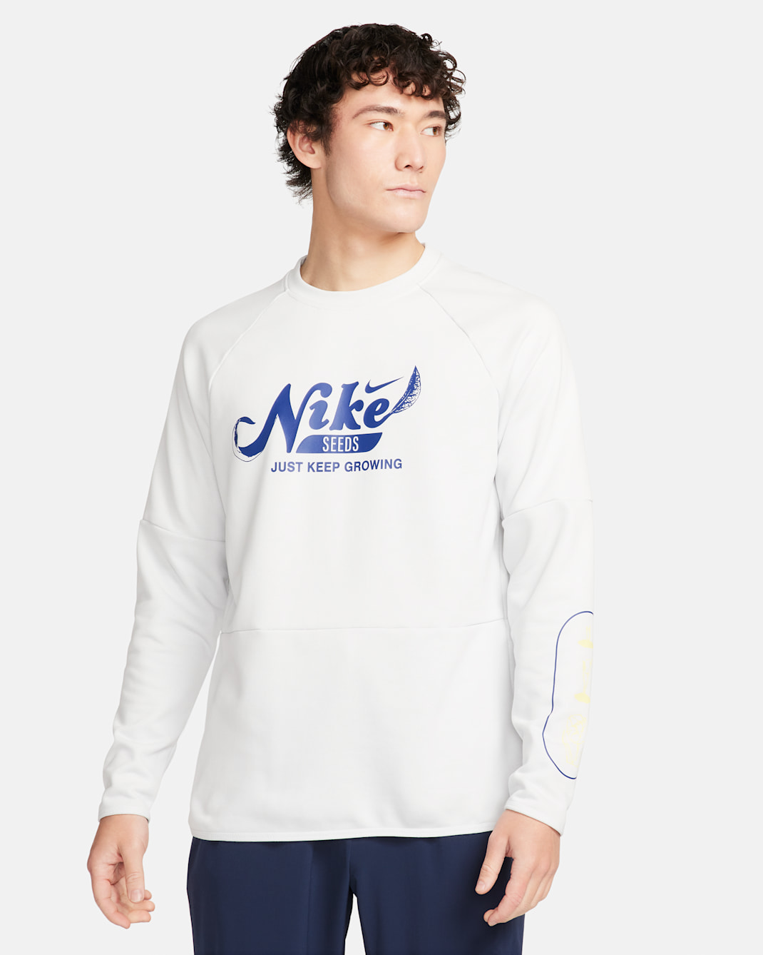 Nike Men's Dri-FIT Fleece Fitness Crew-Neck Top - Photon Dust/Photon Dust/Deep Royal Blue