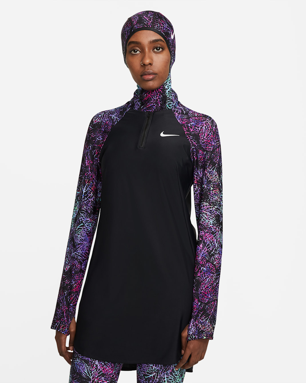 Nike Victory Essential Schwimm-Tunika mit durchgehendem Schutz für Damen - Schwarz/Aquamarine/Fireberry/Weiß