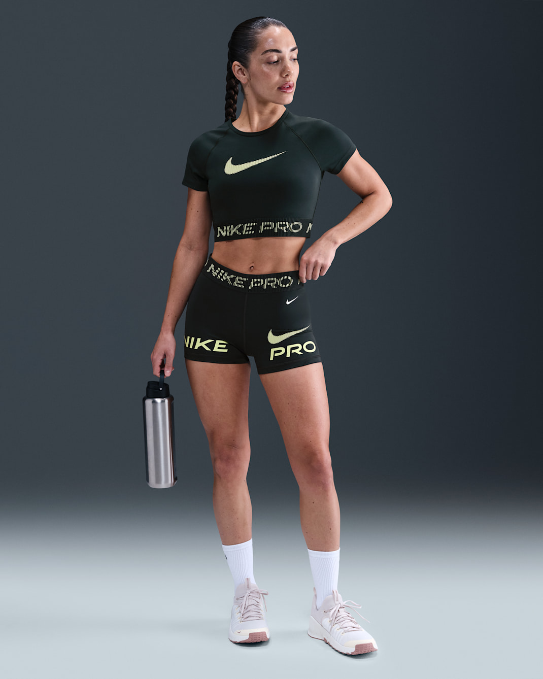 Nike Pro Women's Mid-Rise 7.5cm (approx.) Biker Shorts - Seaweed/Light Lemon Twist/White