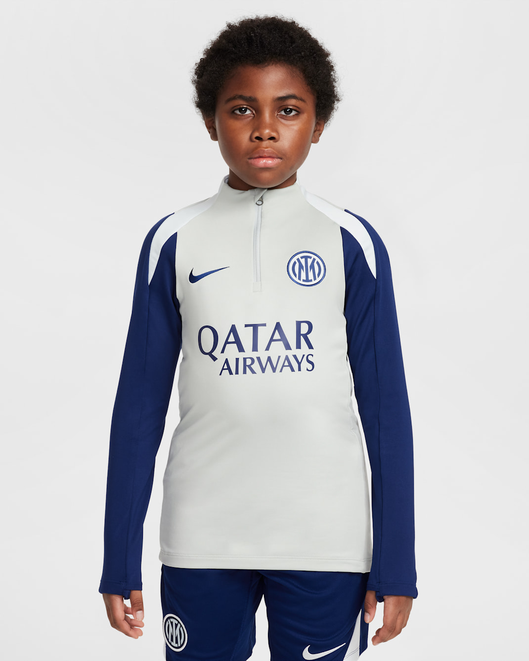 Inter Milan Strike Older Kids' Nike Dri-FIT Football Drill Top - Grey Haze/Blue Void/Ghost Aqua/Blue Void