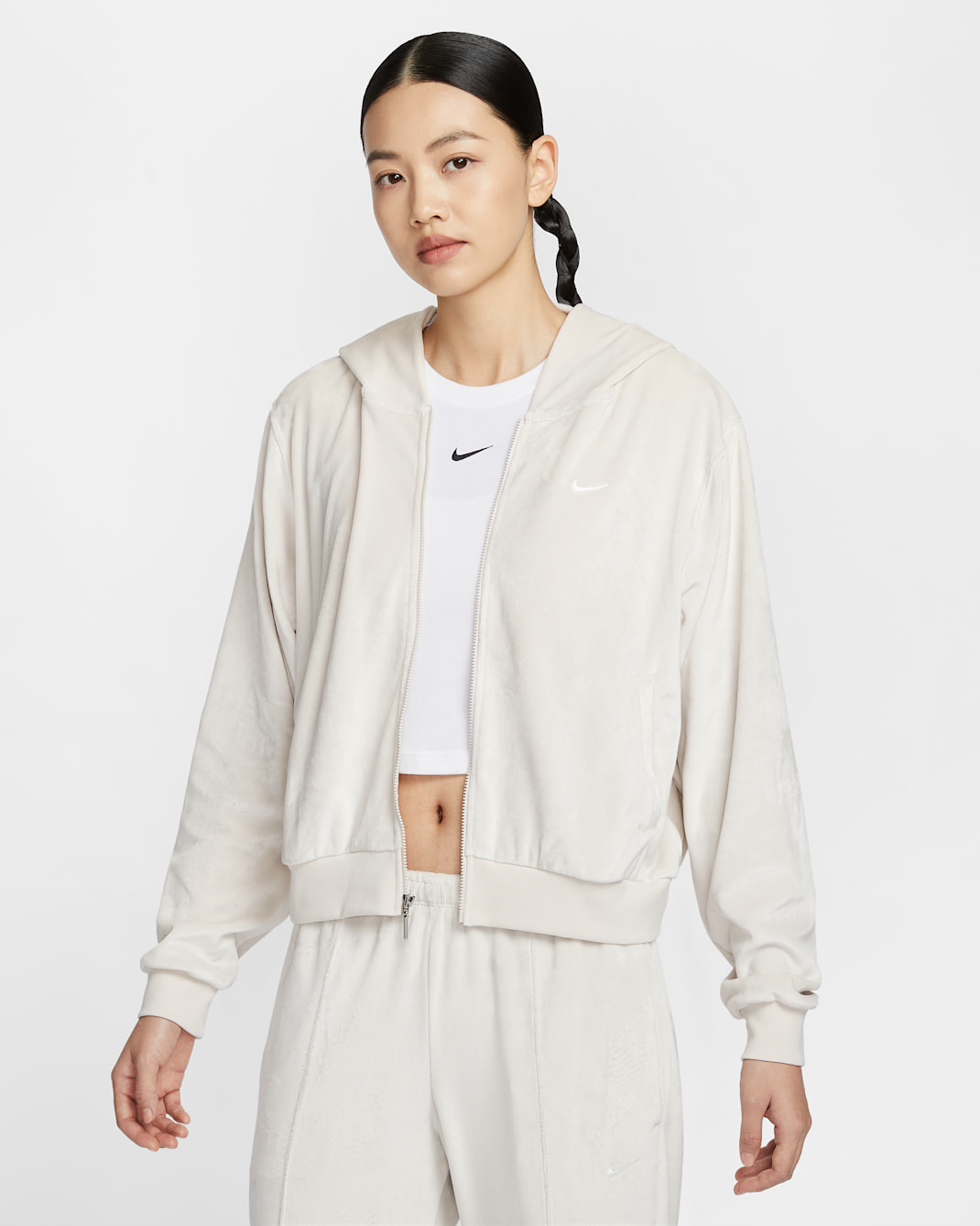 Nike Sportswear Chill Knit Women's Loose Velour Full-Zip Hoodie - Light Orewood Brown/Sail