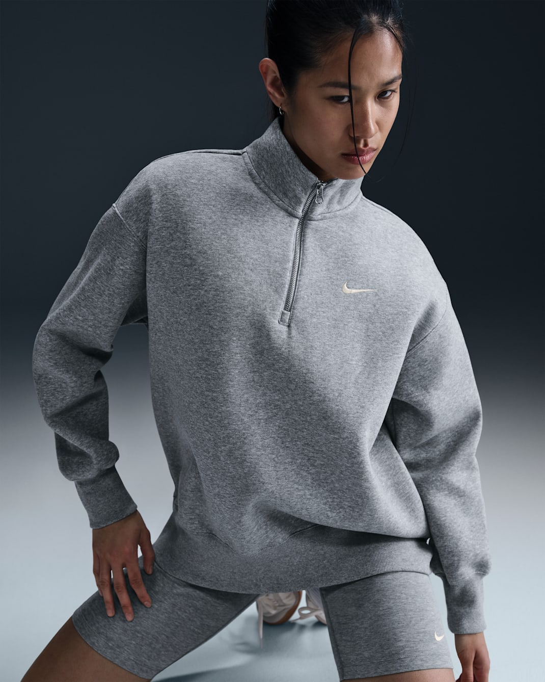 Nike Sportswear Phoenix Fleece Women's Oversized 1/4-Zip Long Sweatshirt - Dark Grey Heather/Sail