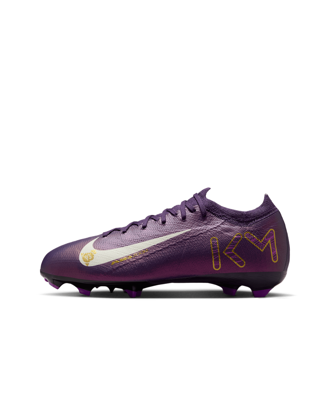 Tacos de fútbol para terreno firme de corte low para niños grandes Nike Jr. Mercurial Vapor 16 Pro "Kylian Mbappé" - Morado grandioso/Marfil pálido