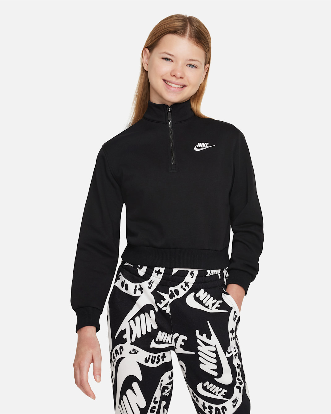 Nike Sportswear Club Fleece Big Kids' (Girls') 1/2-Zip Long-Sleeve Top - Black/White
