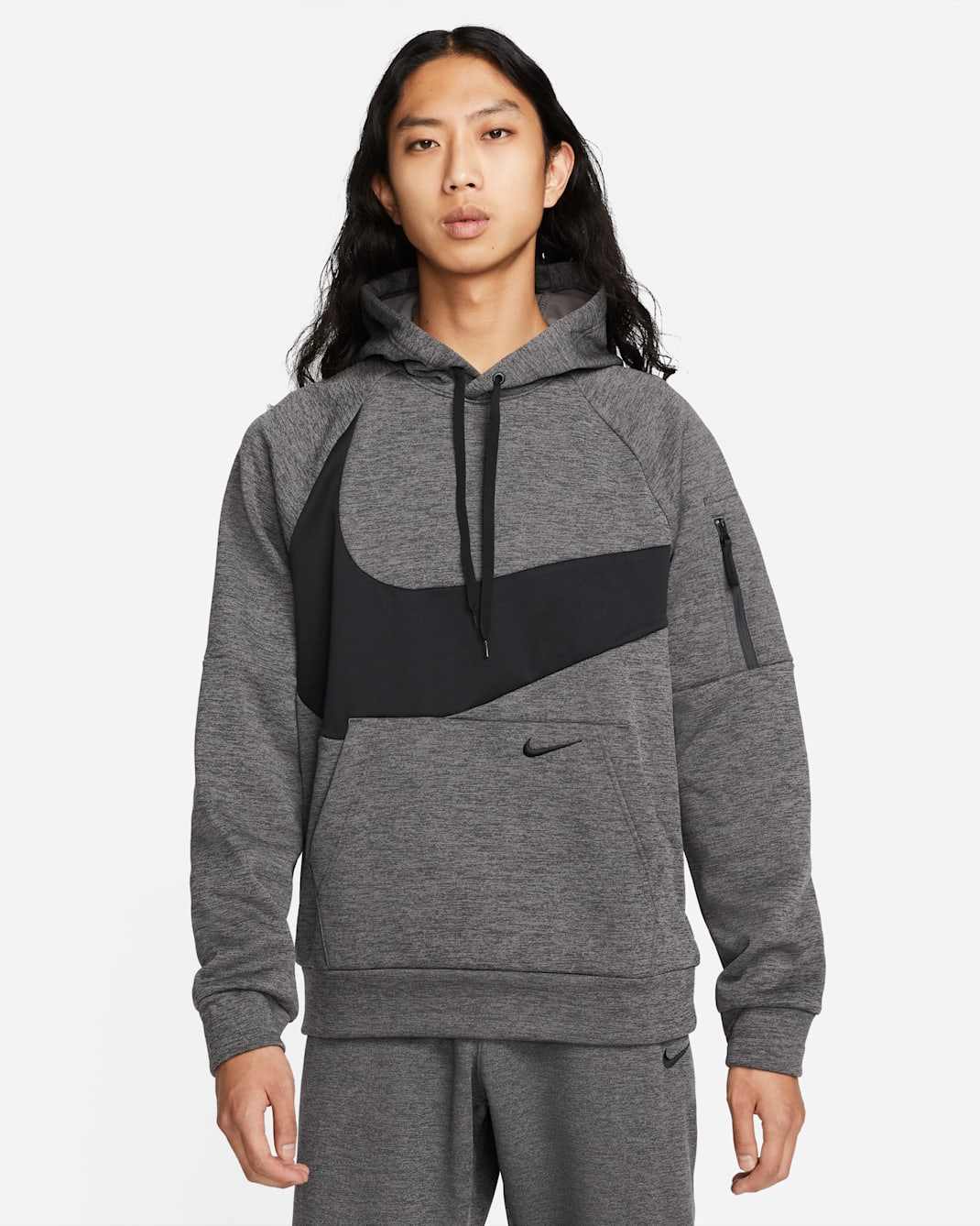Nike Therma-FIT Men's Pullover Fitness Hoodie - Charcoal Heather/Dark Smoke Grey/Black/Black