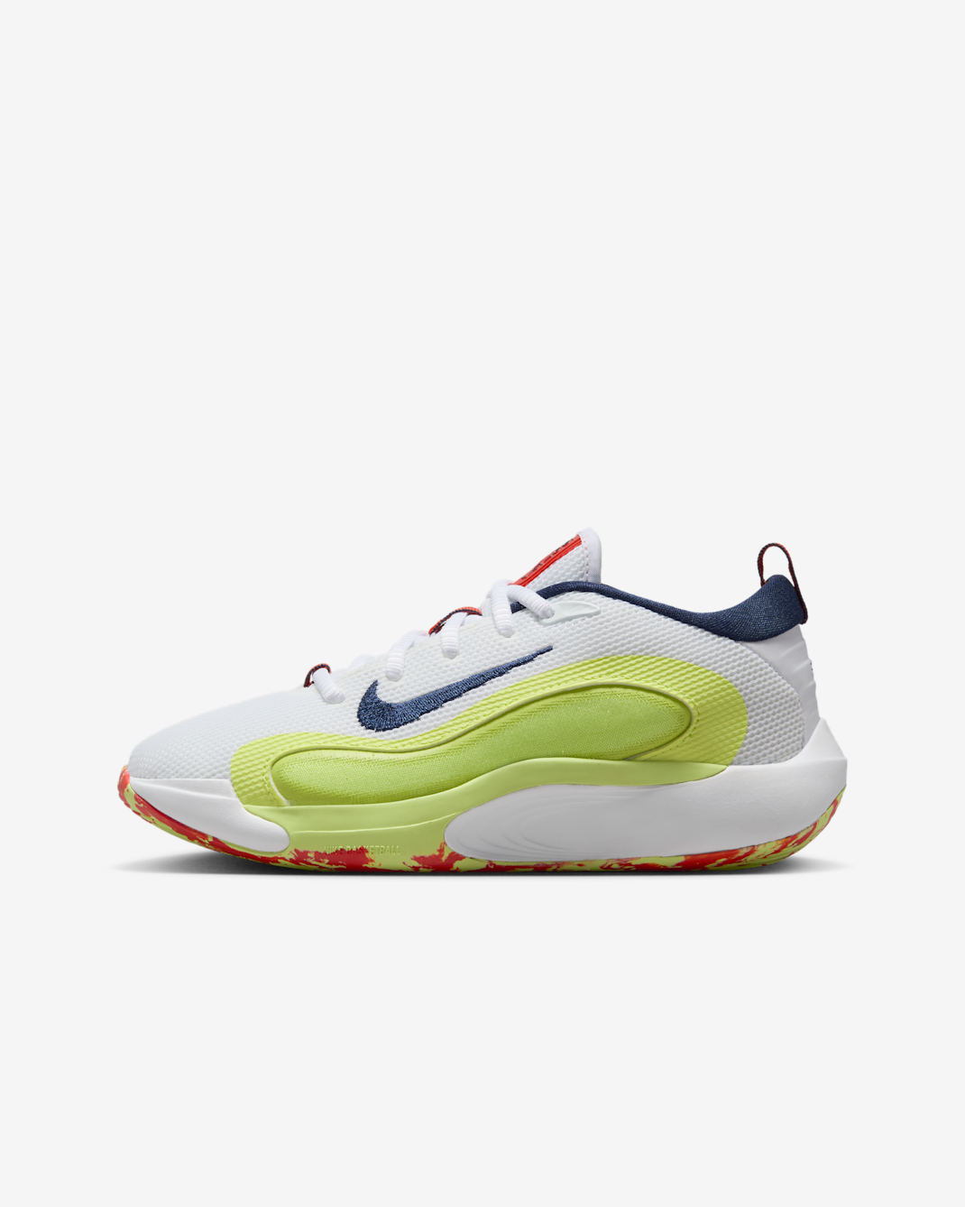 Tenis de básquetbol para niños grandes Nike IsoFly - Blanco/Luz de calcio/Toque de limón claro/Azul marino medianoche