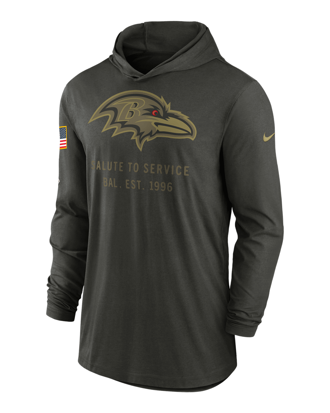 Playera de manga larga Nike Dri-FIT de la NFL con gorro para hombre Baltimore Ravens Salute to Service Sideline - Verde bosque