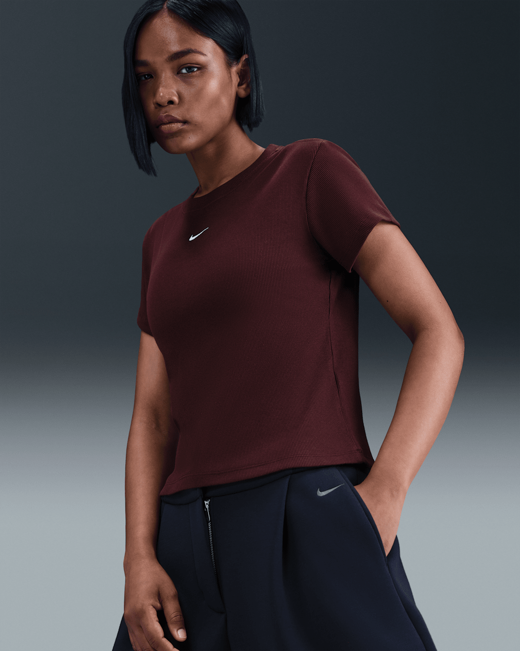 Nike Sportswear Women's Tight Ribbed Short-Sleeve T-Shirt - Burgundy Crush/Sail
