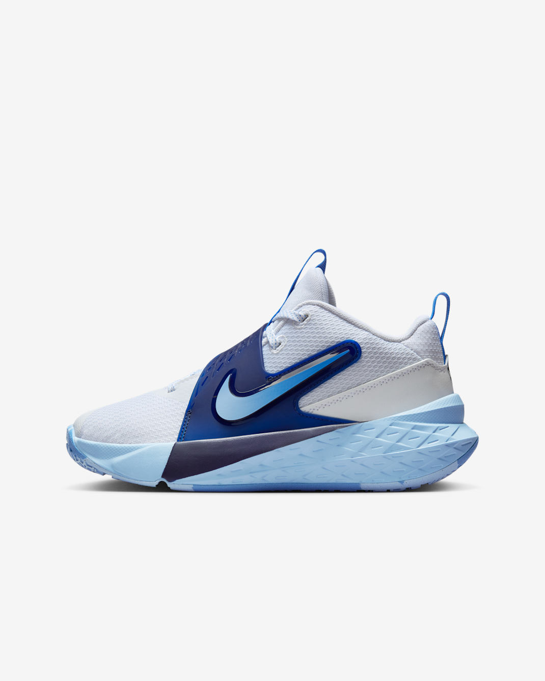 Nike Team Hustle D 12 Tenis de básquetbol para niños grandes - Blanco/Azul psíquico/Azul marino medianoche/Azul universitario