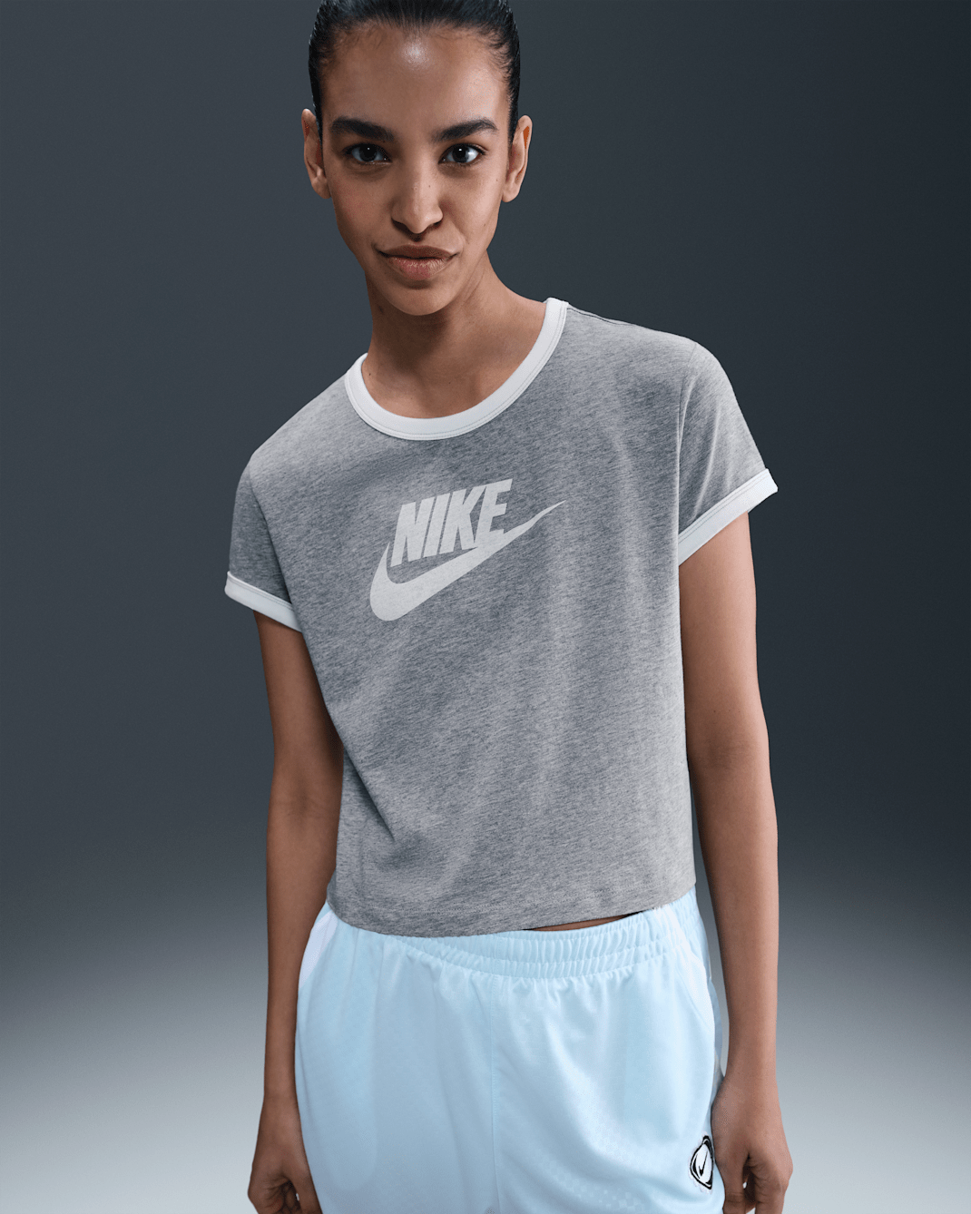 Nike Sportswear Women's Graphic Ringer T-Shirt - Dark Grey Heather/White