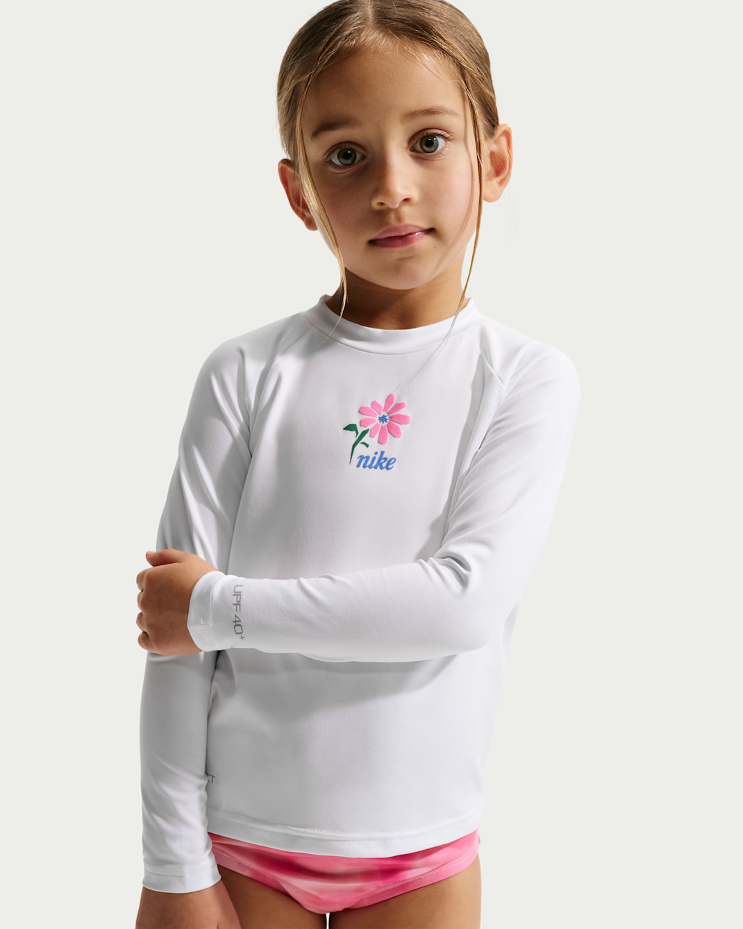나이키 스윔 하이드로가드 리틀키즈(여아) 드라이 핏 UV 긴팔 탑 - 화이트/핑크 글로우
