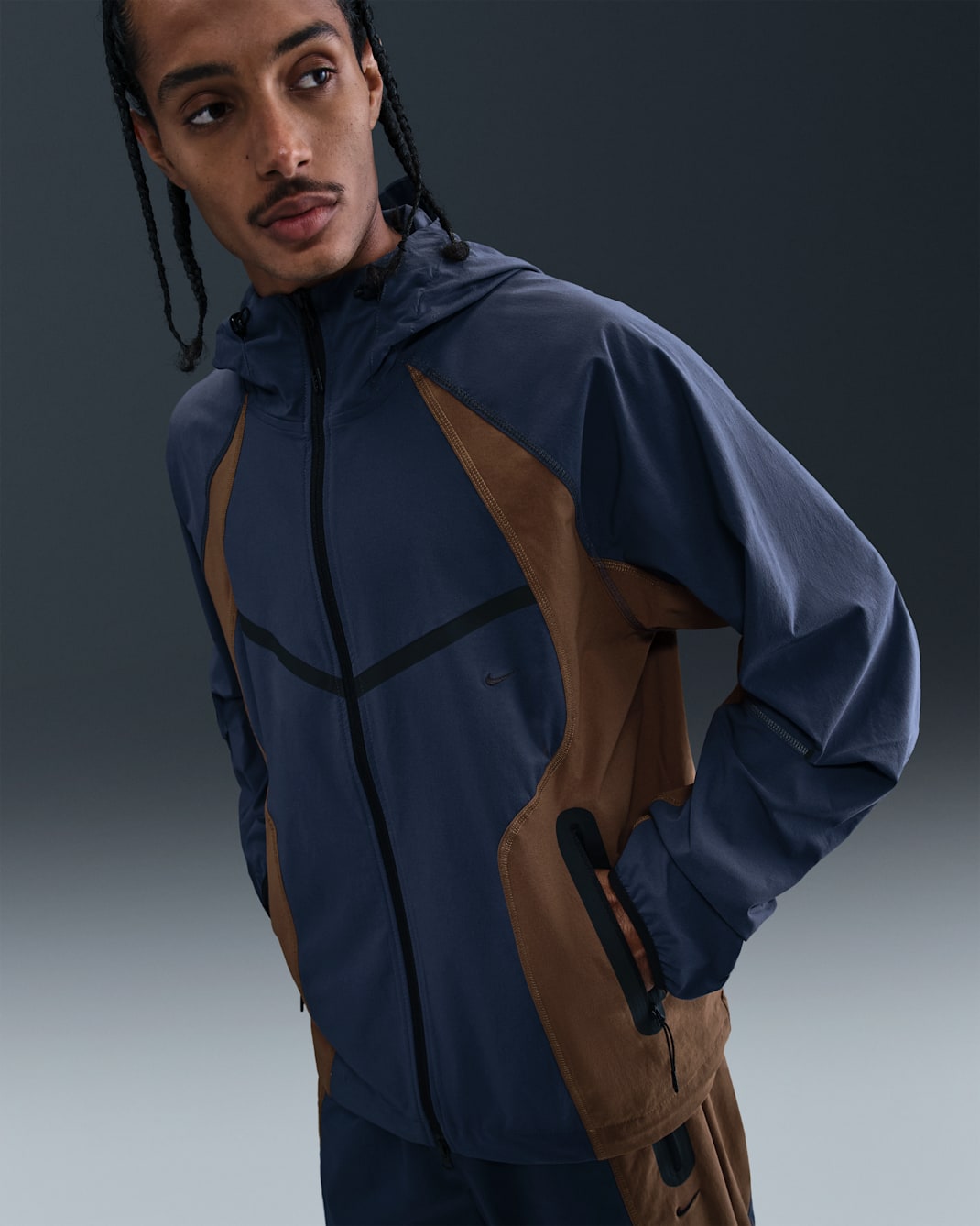 Nike Tech Men's Dri-FIT Woven Color-Block Windrunner Loose Jacket - Thunder Blue/Mosswood Brown/Black