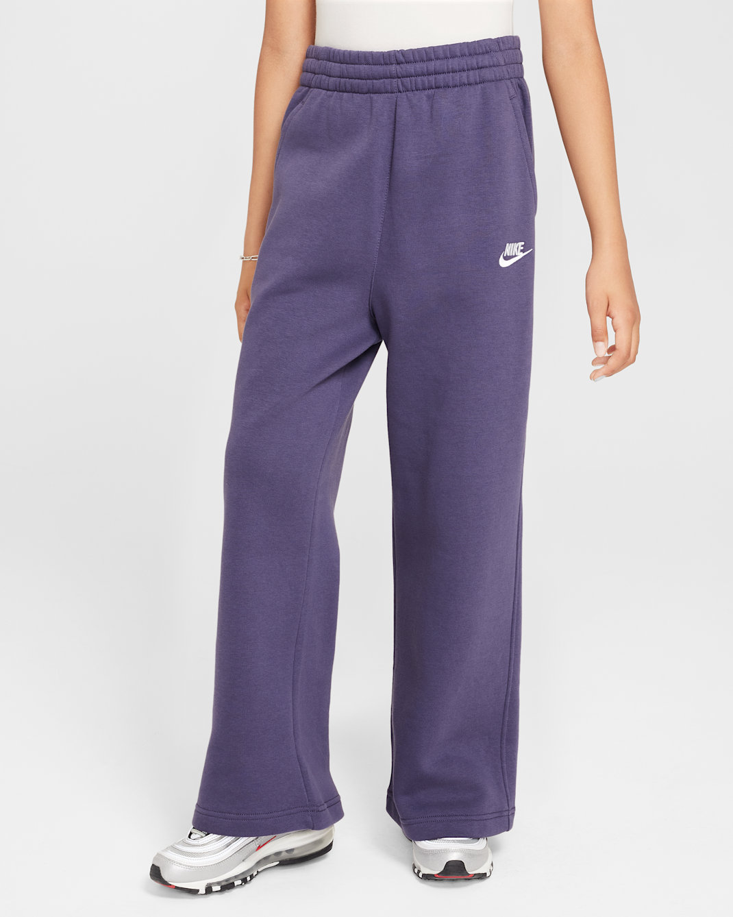 나이키 스포츠웨어 클럽 플리스 여아 와이드 레그 팬츠 - 다크 레이즌/다크 레이즌/다크 레이즌/화이트