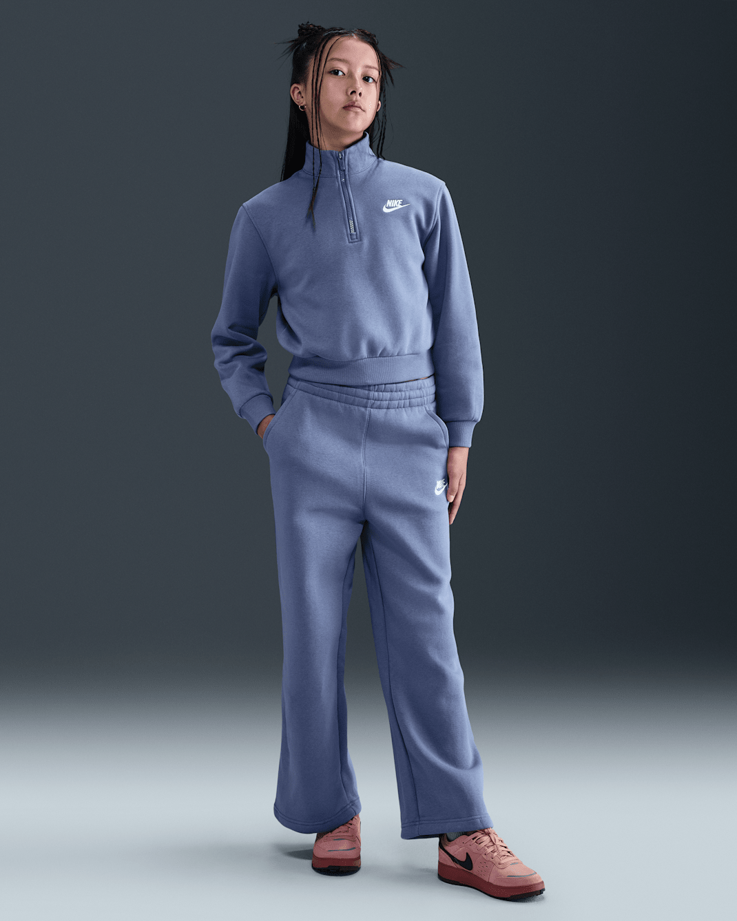 Calças largas Nike Sportswear Club Fleece para rapariga - World Indigo/World Indigo/Branco