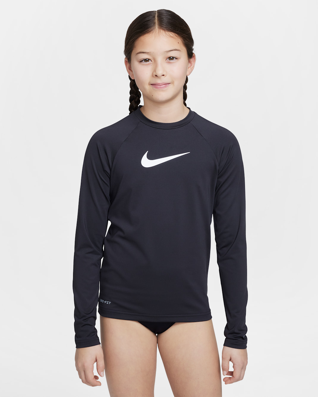 Playera Hydroguard de manga larga para niña talla grande Nike Swim - Negro/Negro/Blanco