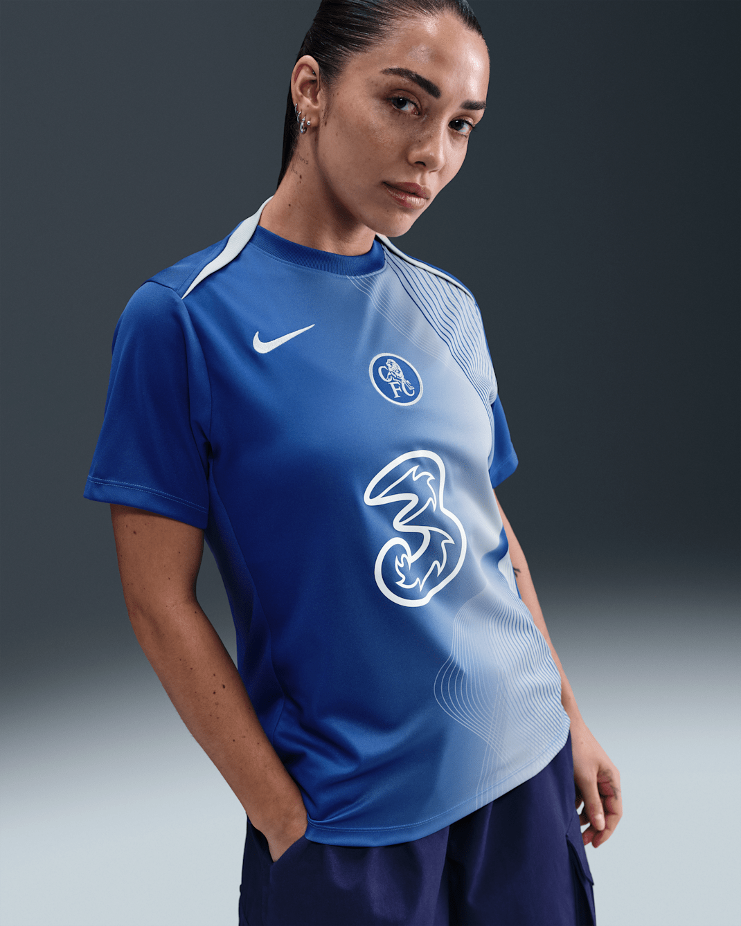 Chelsea F.C. Academy Pro Third Women's Nike Dri-FIT Total 90 Football Pre-Match Top - Game Royal/Field Silver/Field Silver