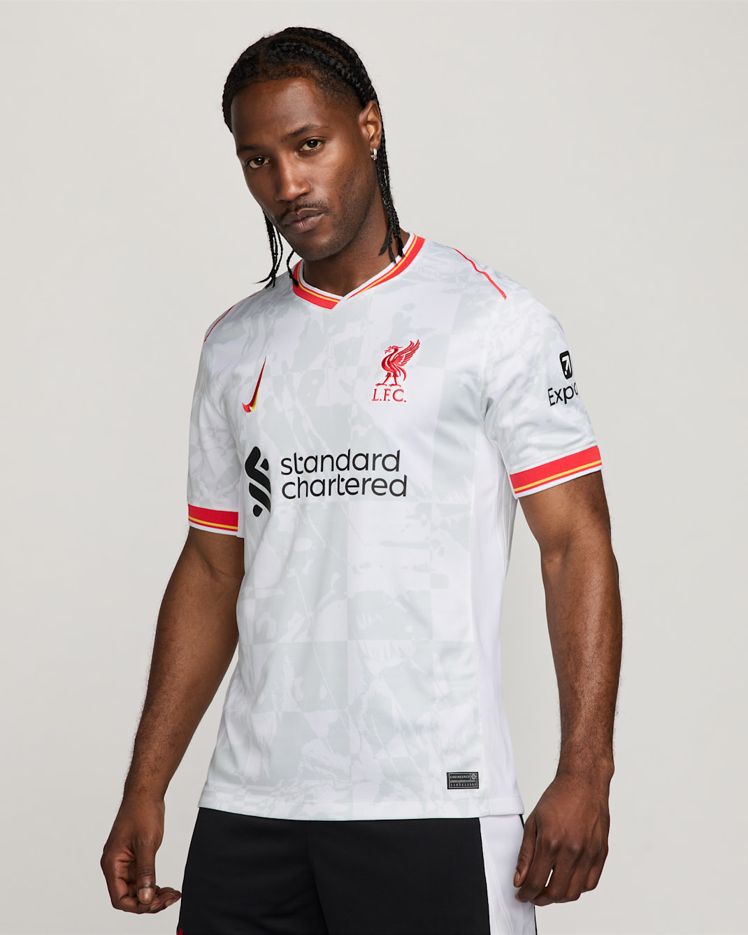 Liverpool FC 2024/25 Stadium harmadik Nike Dri-FIT férfi replika futballmez - Fehér/Pure Platinum/Fekete/Global Red