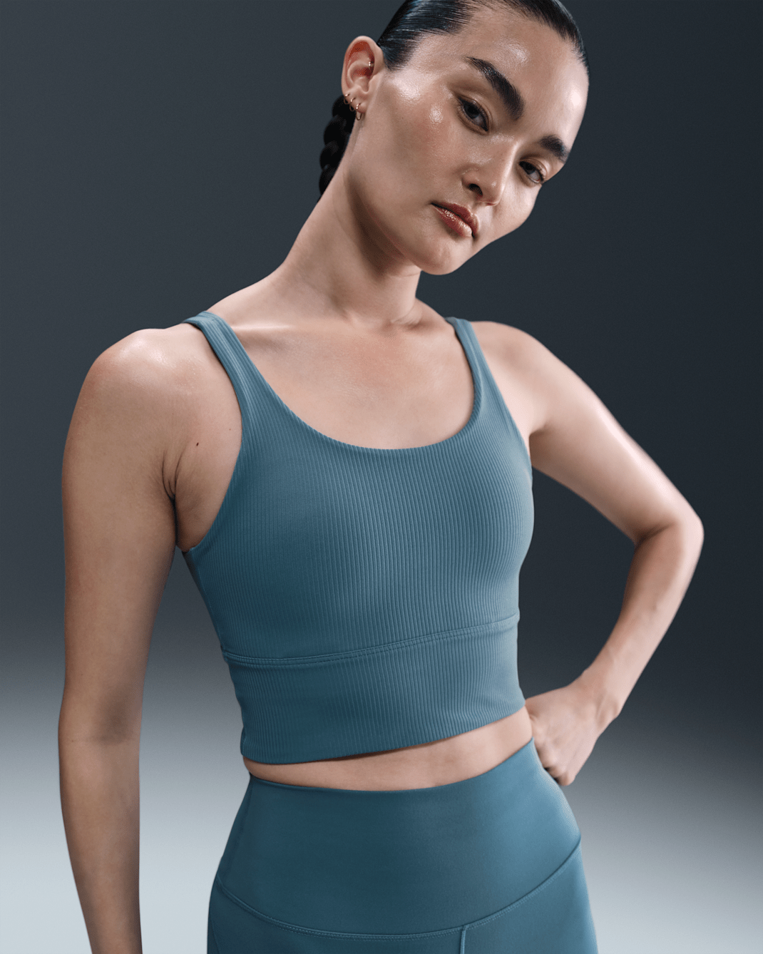 Nike Zenvy Rib Women's Light-Support Padded Longline Sports Bra - Smoky Blue/White