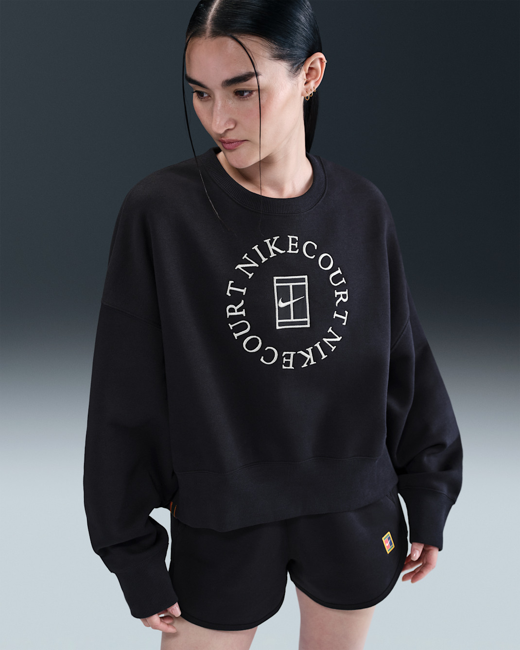 Sudadera de cuello redondo extraoversized para mujer Nike Court Heritage Phoenix Fleece - Negro/Antracita