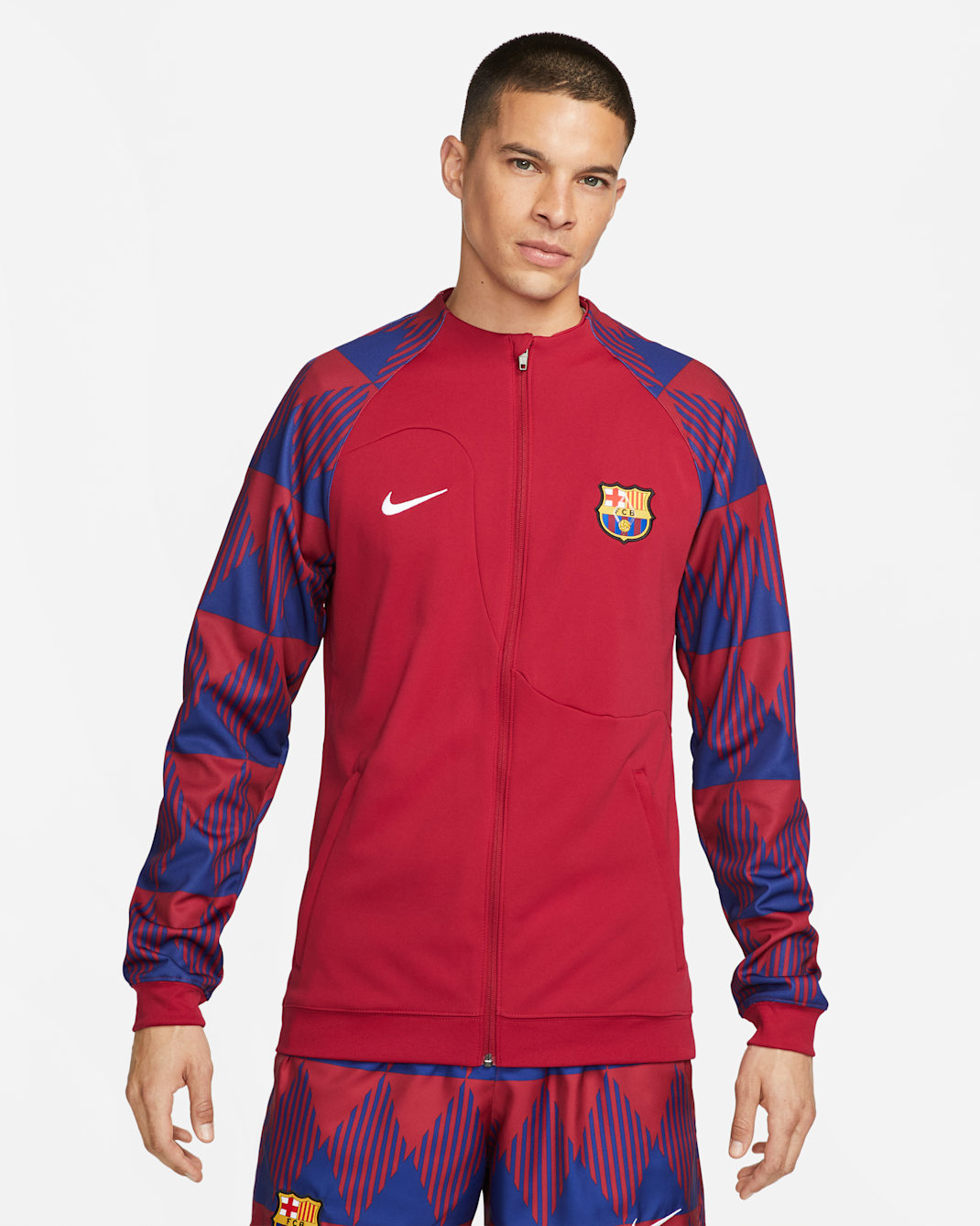 F.C. Barcelona Academy Pro Men's Nike Full-Zip Knit Football Jacket - Noble Red/Deep Royal Blue/White