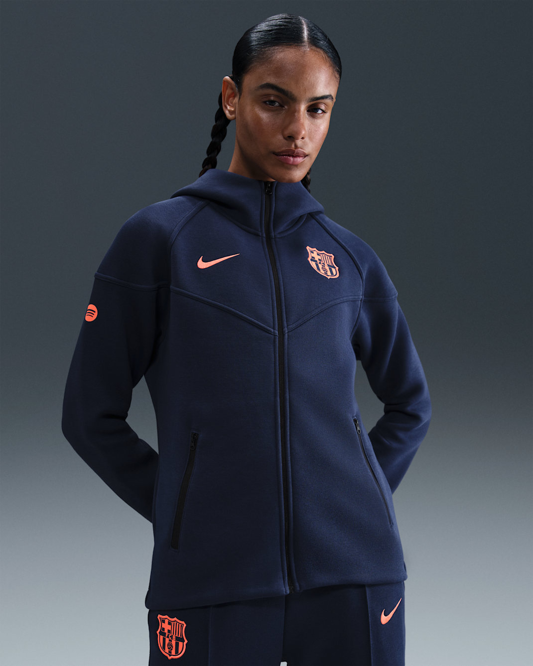 F.C. Barcelona Tech Windrunner Third Women's Nike Total 90 Football Fleece Full-Zip Hoodie - Midnight Navy/Bright Mango