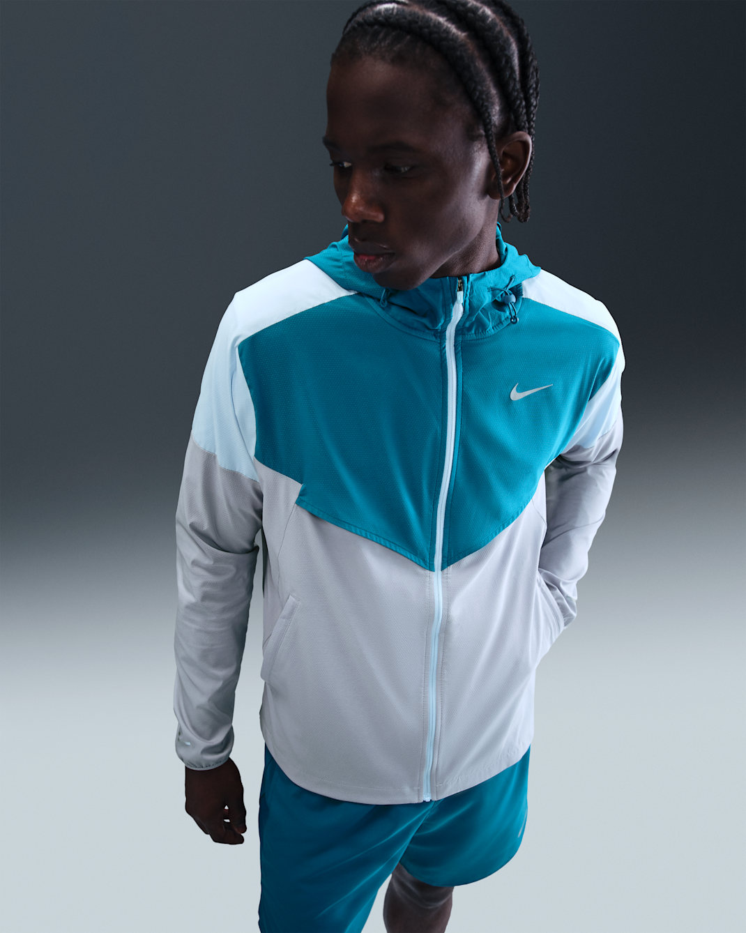 Veste de running Nike Impossibly Light Windrunner pour homme - Green Abyss/Celestine Blue/Wolf Grey