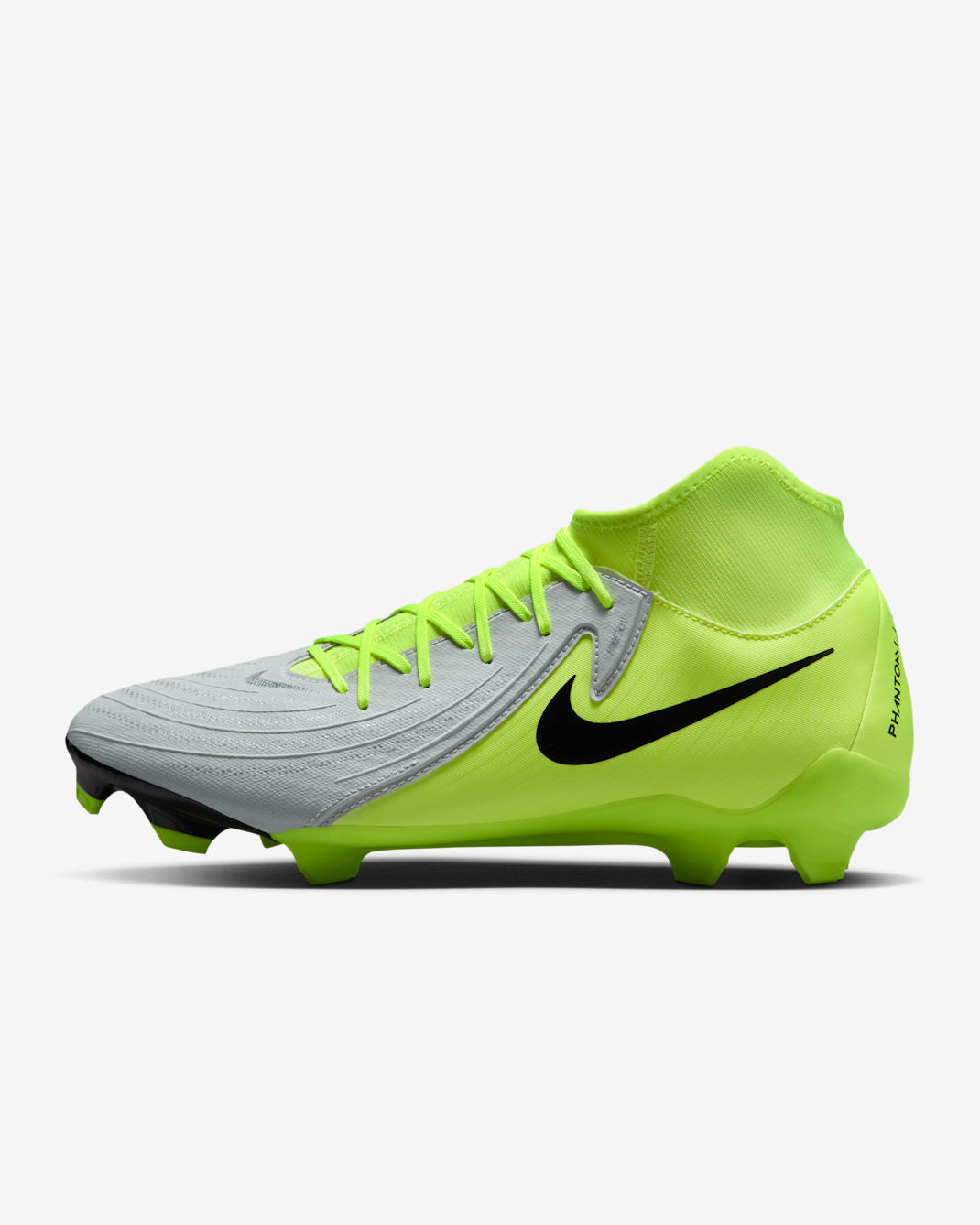 Tacos de fútbol para terrenos múltiples de corte high Nike Phantom Luna 2 Academy - Plata metalizado/Volt/Negro