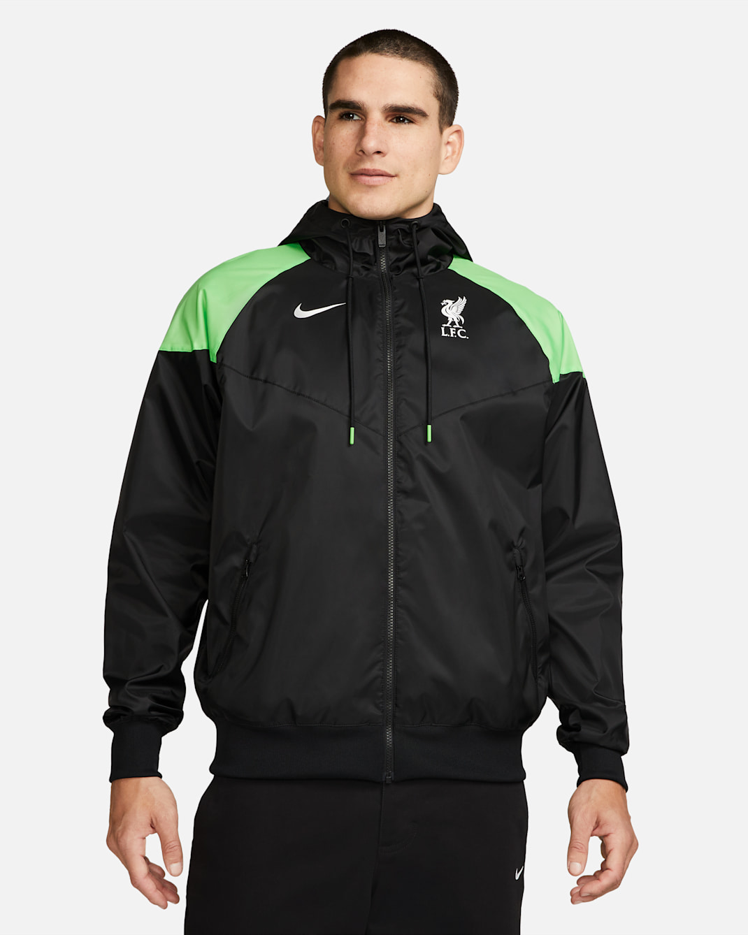 Liverpool F.C. Sport Essentials Windrunner Men's Nike Hooded Football Jacket - Black/Poison Green/White