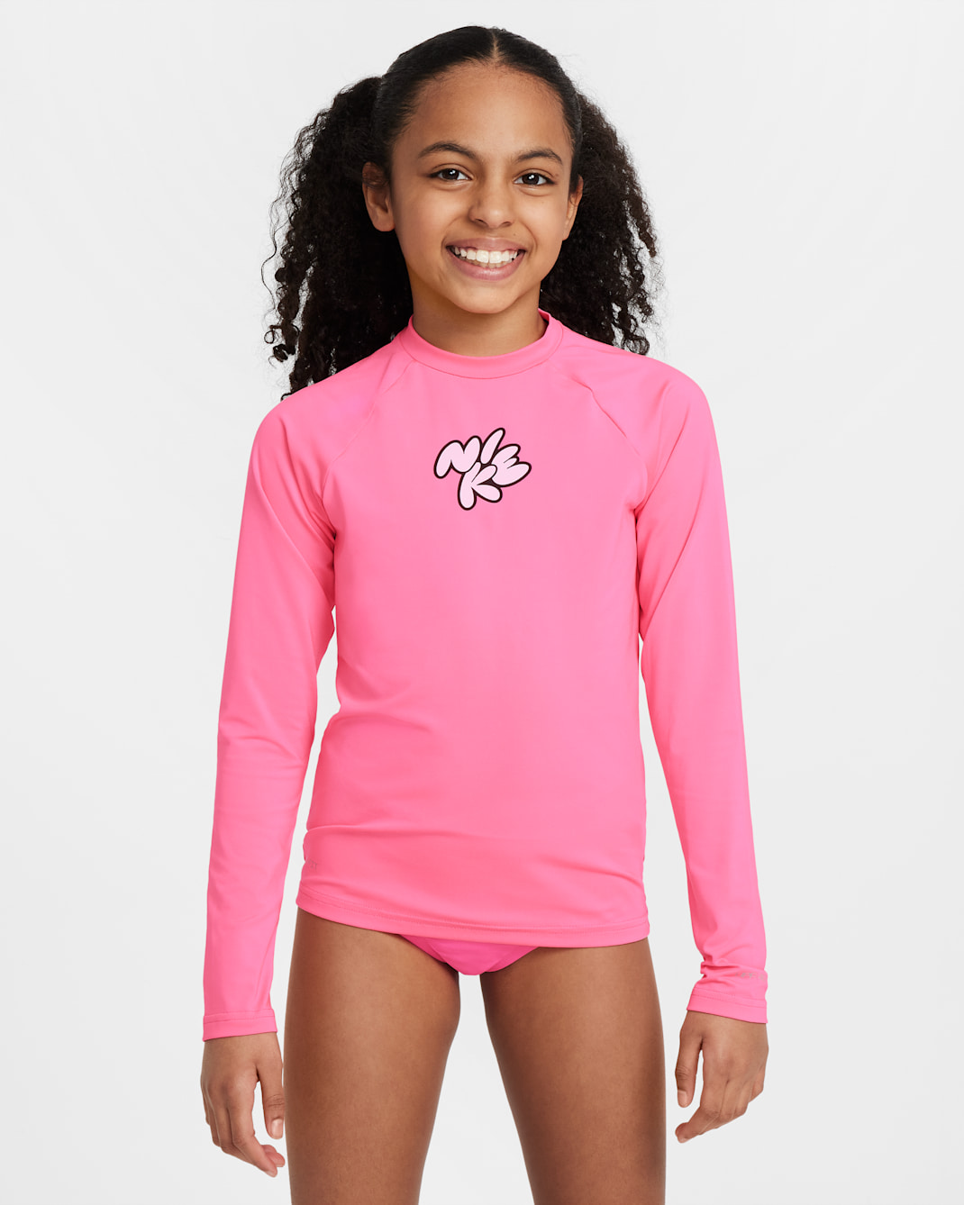 Playera hydroguard de manga larga Dri-FIT para niña talla grande Nike Swim - Hiperrosa/Espuma rosa